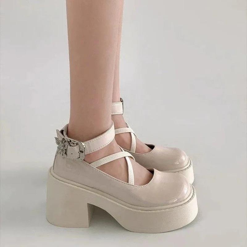 Chunky Platform High Heels Pumps Women 2025 Autumn Pu Leather Ankle Buckle Jane Shoes  Thick Heeled White Lolita Shoes