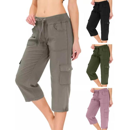 Cropped Pants Adjustable Waist Breathable Stretchy Fabric Women Summer Pants with Pockets Outdoor Travel Mid-calf Length Pants