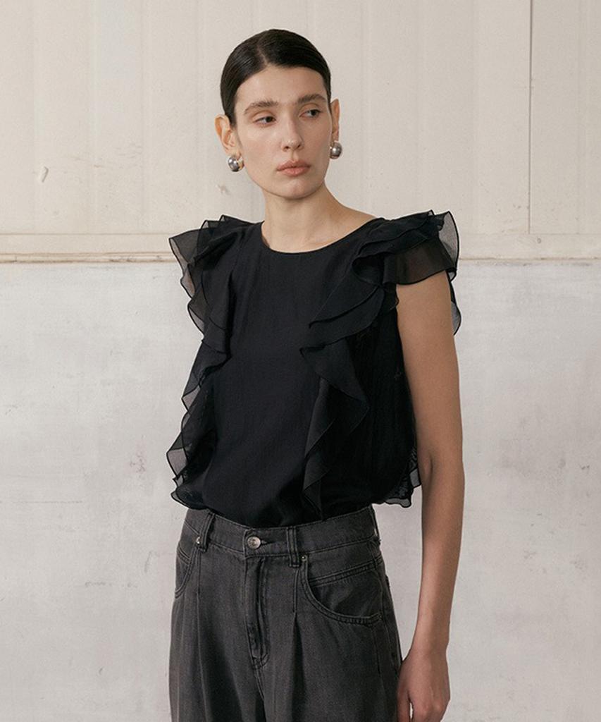 Baniseunyuyog 26Ss Scarlet Ruffle Sheer Blouse Black