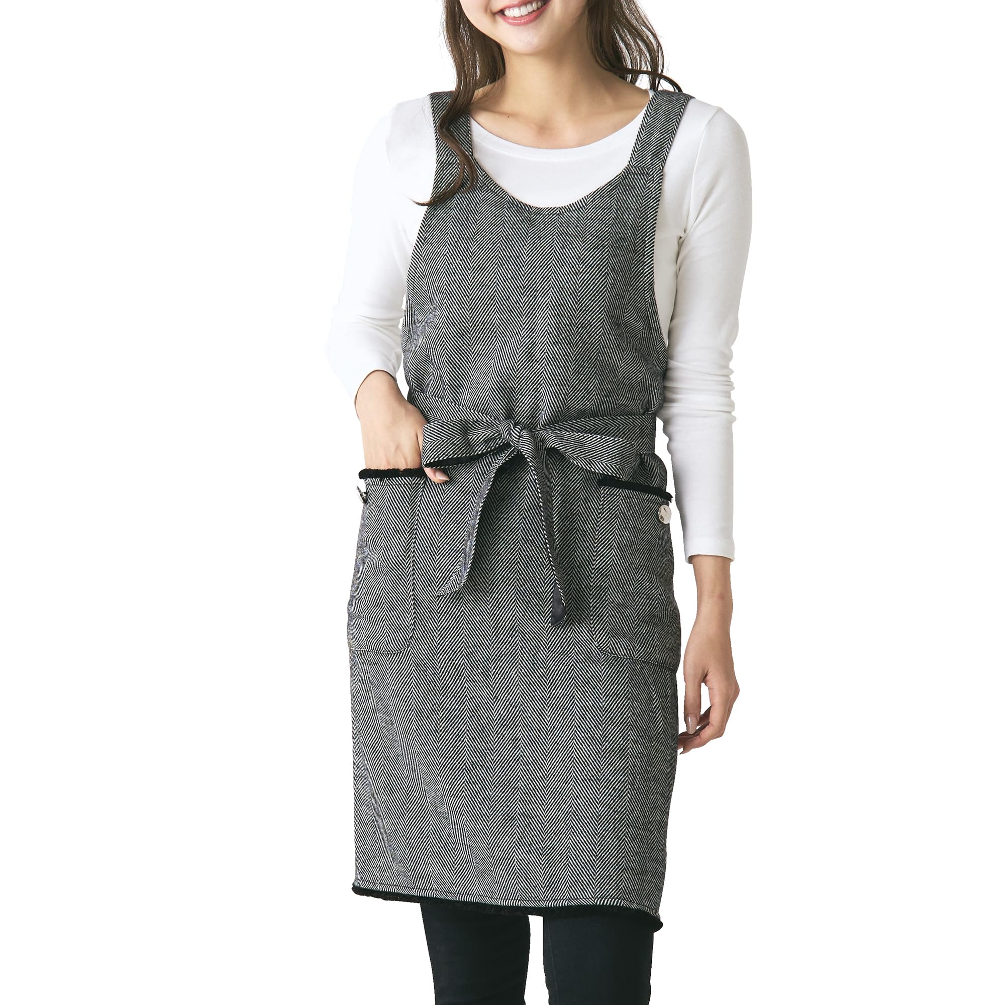 

Francfranc Herringbone Full Apron, Black, with Pockets, Long Length