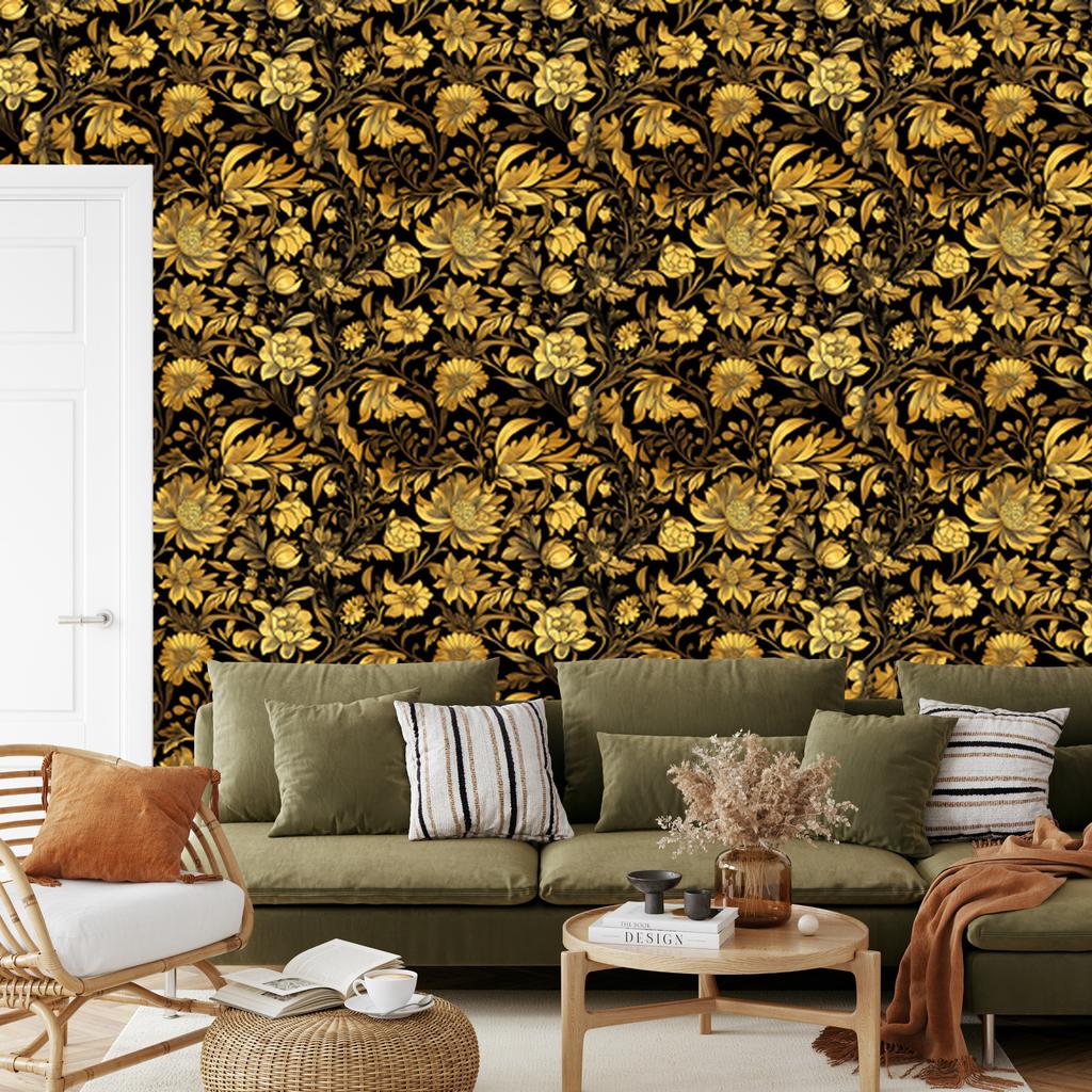 Golden Hibiscus Wallpaper Ochre, Gold and Black for Living Room and Bedroom 50x1000