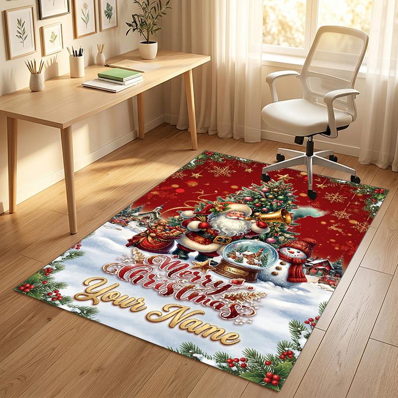 Christmas Theme Crystal Velvet Rug Personalized Custom Name Text Soft Floor Mat Home Decor