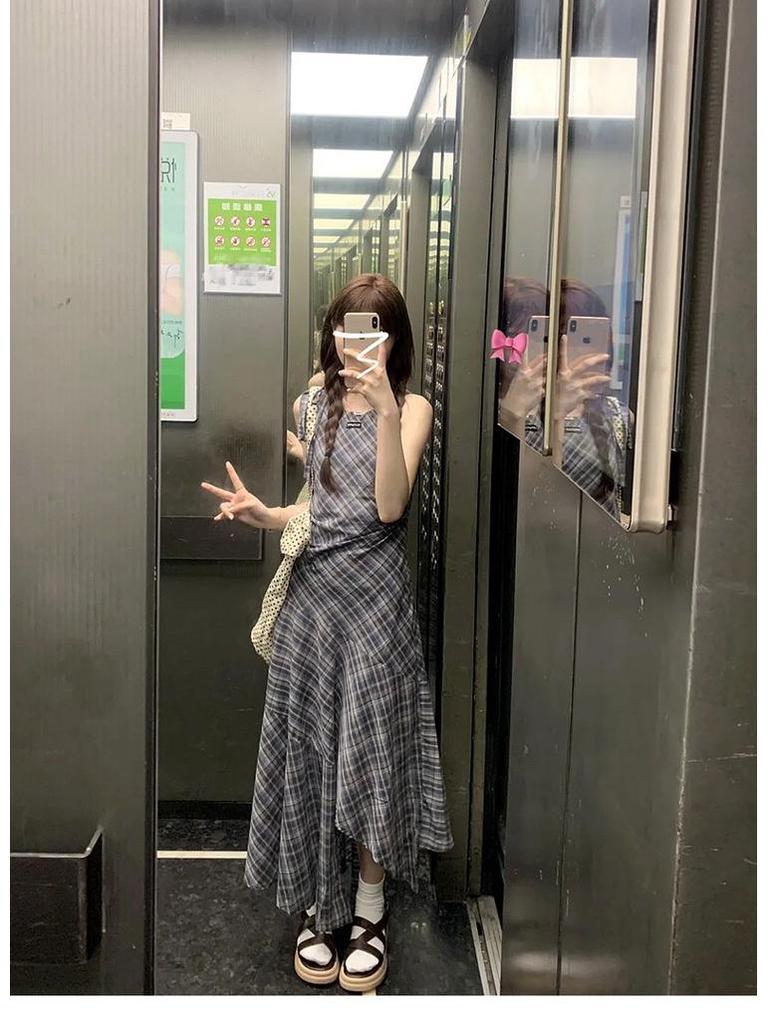 Women's Summer Plaid Vest Dress - American Street Style, Niche Design, Mid-Length Irregular Skirt