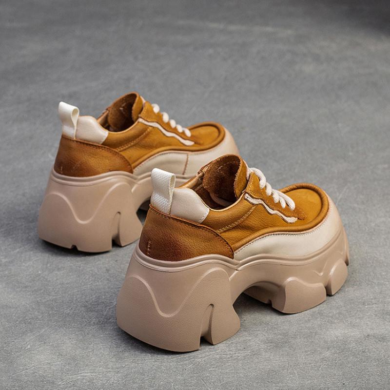 Johnature Thick Soled Heightening Pumps Genuine Leather Lace-up Versatile Retro Women's Platform Shoes