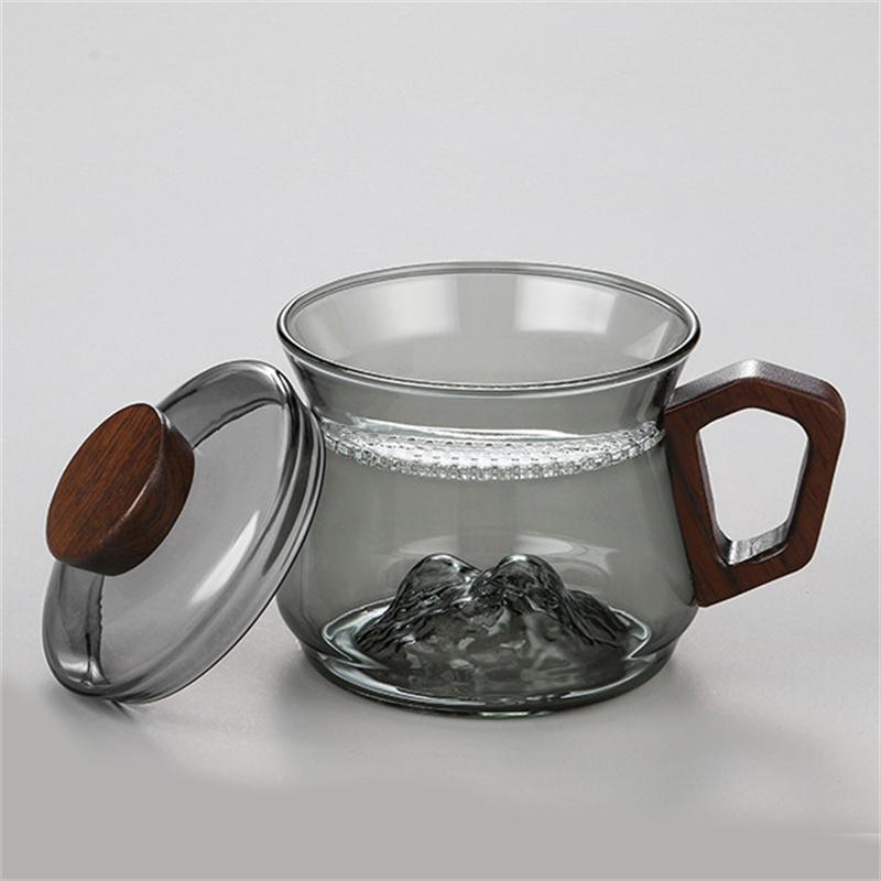 230ml Wooden Handle Heated Resistance Glass Tea Cup with Crescent Filter Office Teacup Brewing Puer Oolong Tea Mug