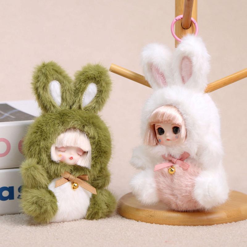 Cute Rabbit Vinyl Dolls Key Chains Plush Stuffed Soft Keyring Backpack Pendants Decoration Toys Gifts