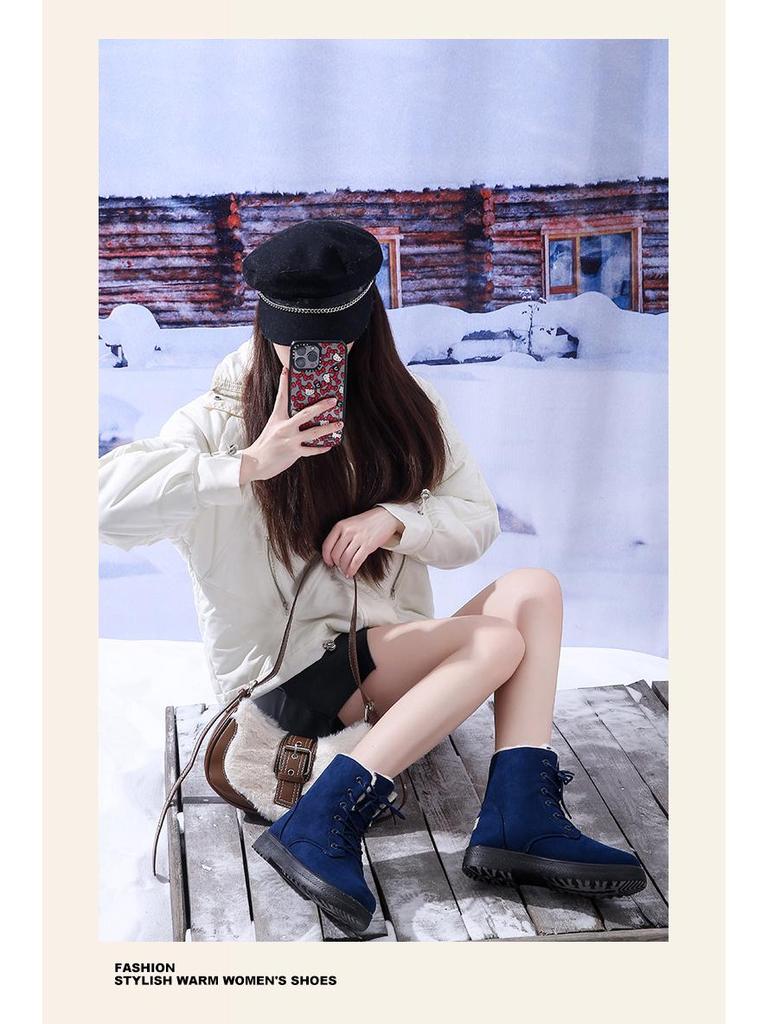 Korean Style High-top Snow Boots for Men and Women, Plus Size, with Velvet Lining and Front Lace-up.