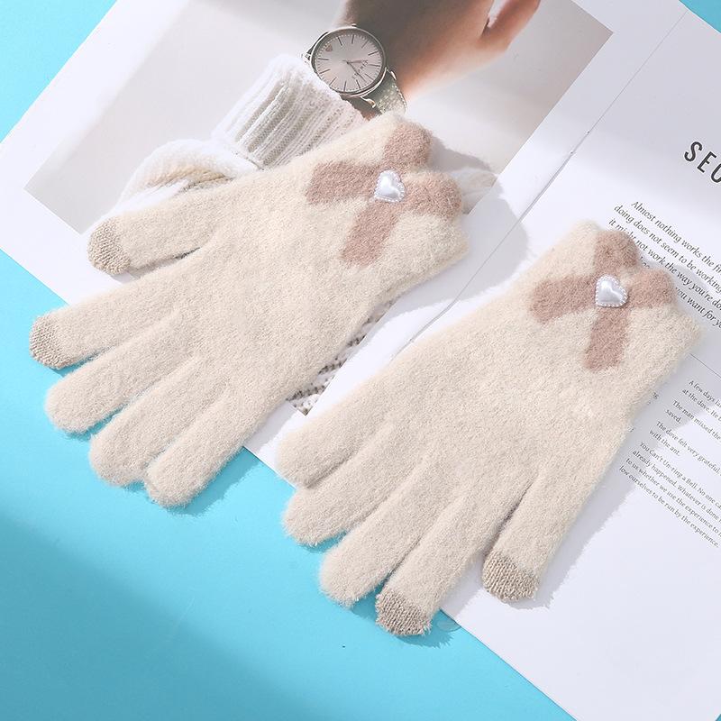 

Однотонные элегантные новые вязаные теплые перчатки женские зимние милые банты сенсорный экран пять пальцев One Size