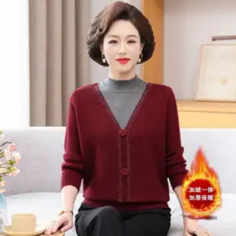 Mother's Sweater Mid-length Middle-aged Women Knitted Bottoming Wool Plus Velvet Loose Autumn Winter New