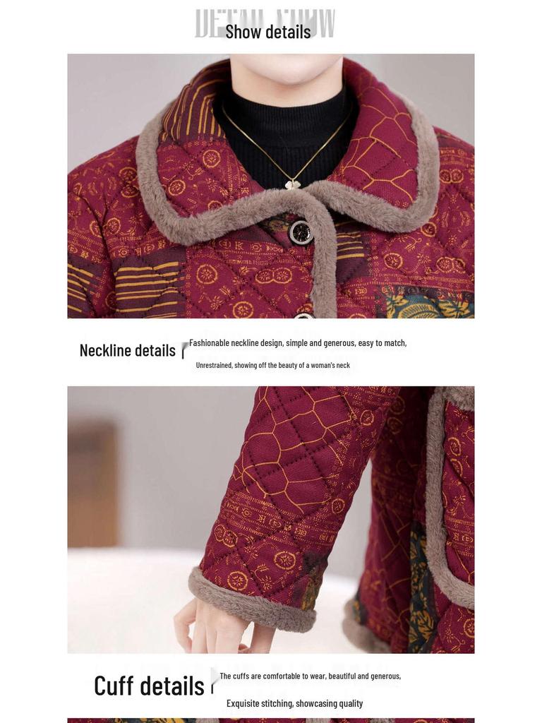 Plus Size Velvet-Lined Maternity Winter Coat for Middle-Aged & Elderly Women