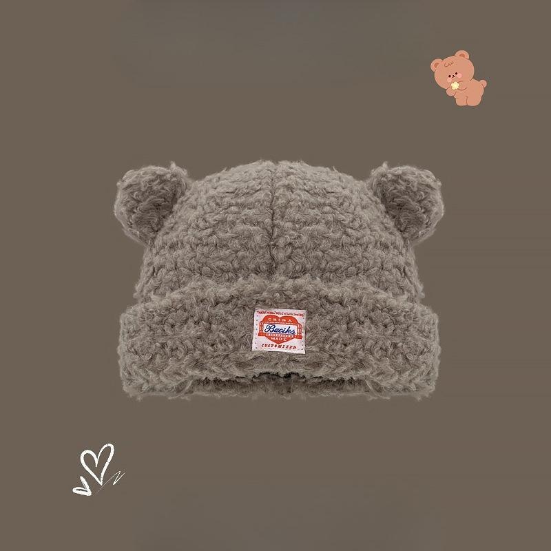 

Korean Version of Cute Lamb Wool Bear Ear Label Pullover Hat for Women in Autumn and Winter Thickened Fashion Trend Versatile Basin Hat one size