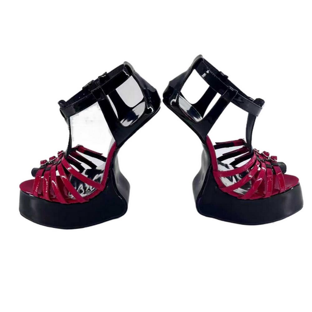 

Модные модели на высоком каблуке-копытце 20 см, сценическая обувь без каблука, мужские фетиш-туфли для танца на пилоне, ремешок на щиколотке, открытый носок, красные, цвета на заказ 35