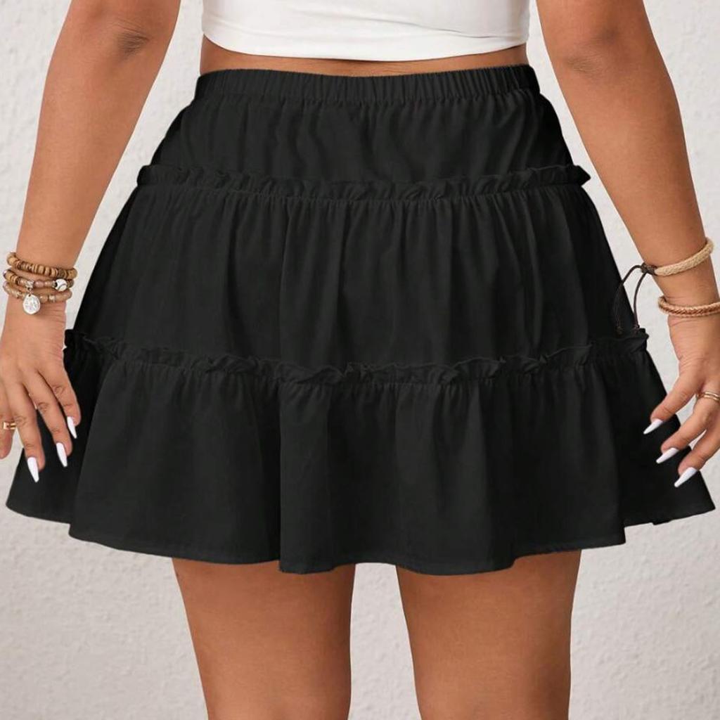 Women's Plus Size Ruffle Flared Skirts Elastic Waist Flowy Skirt With Lined Shorts
