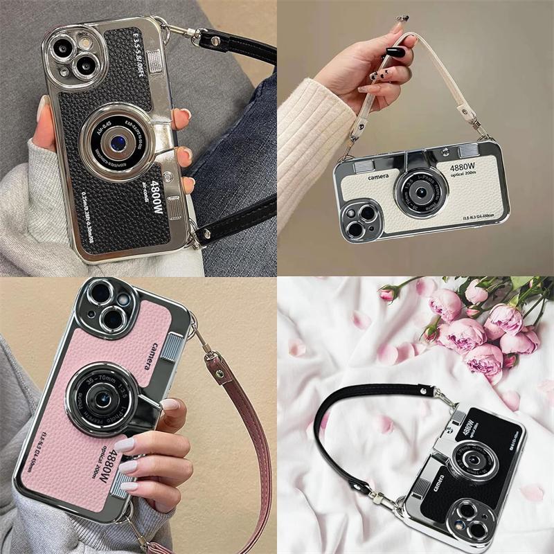 3D Vintage Camera Phone Case with Hand Strap for IPhone Air 17 16 15 14 13 12 Pro Max Plus 17Pro Shockproof Phone Leather Cover