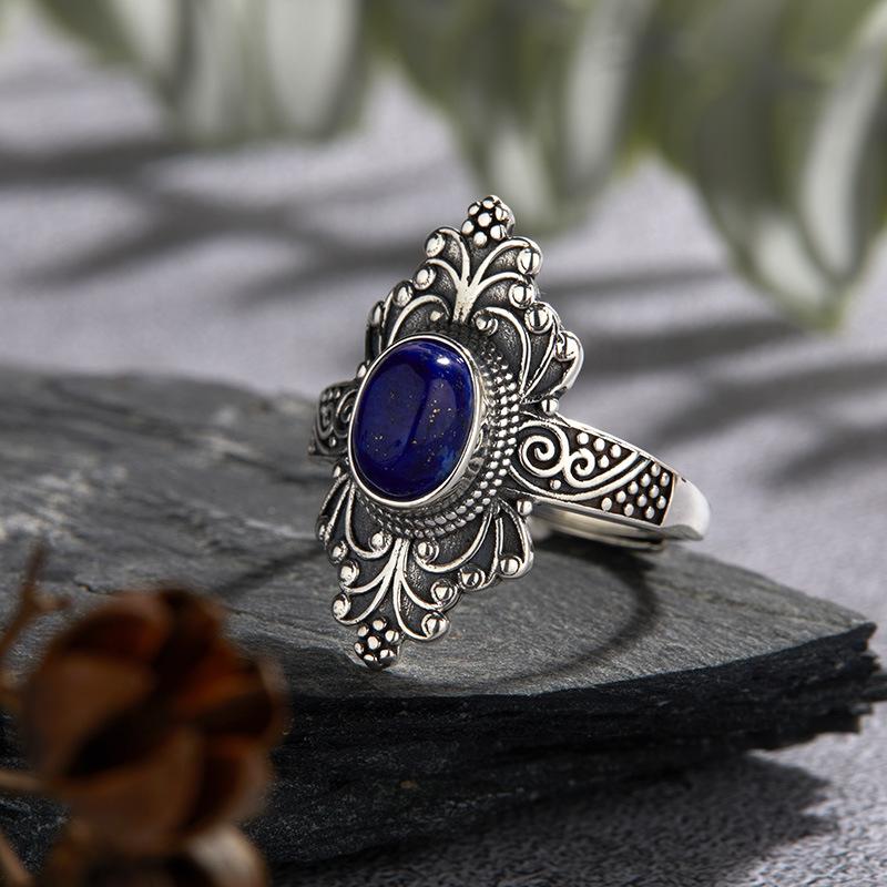 QIBAOKU Retro S Sterling Silver Ring Natural Lazurite Kyanite Thai Silver Ring for Women Nepalese Style Adjustable