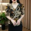 2026 Spring Elegant V-Neck Long Sleeve Printed Stretch Mesh T-Shirt for Women