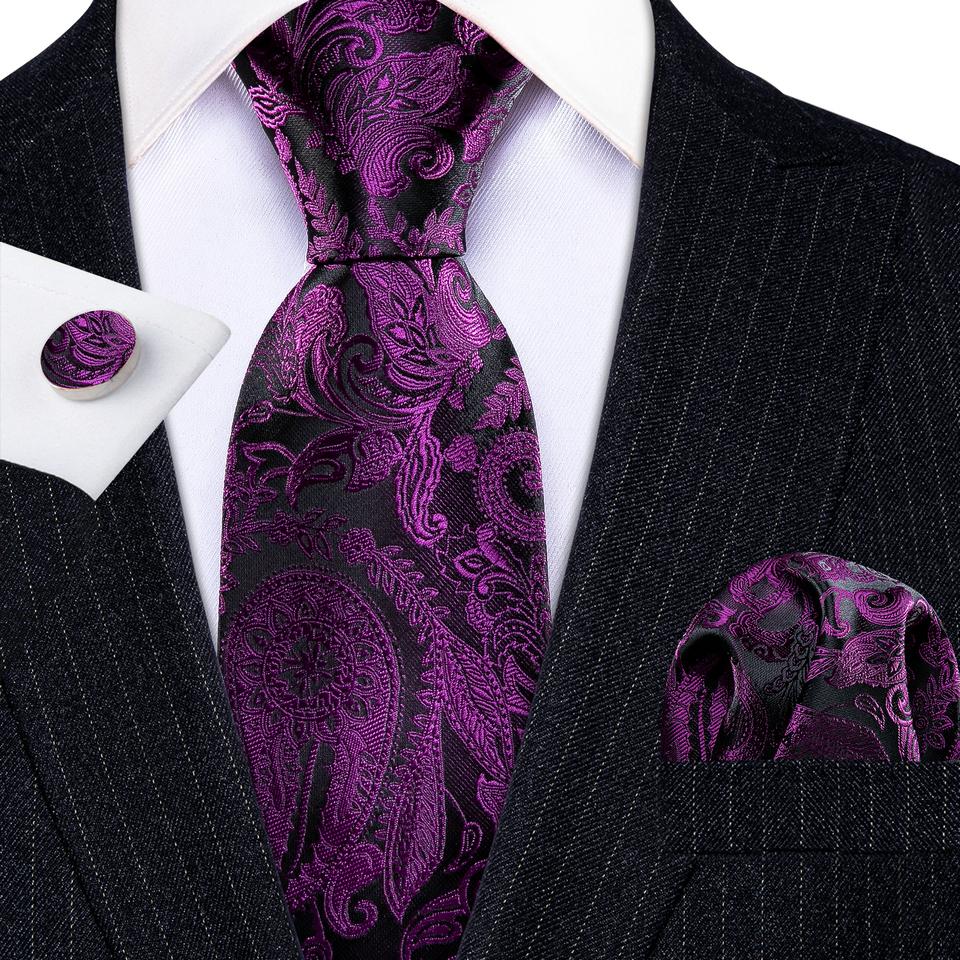 Barry.Wang Herren Paisley Seidenkrawatte Einstecktuch Manschettenknöpfe Luxus Set