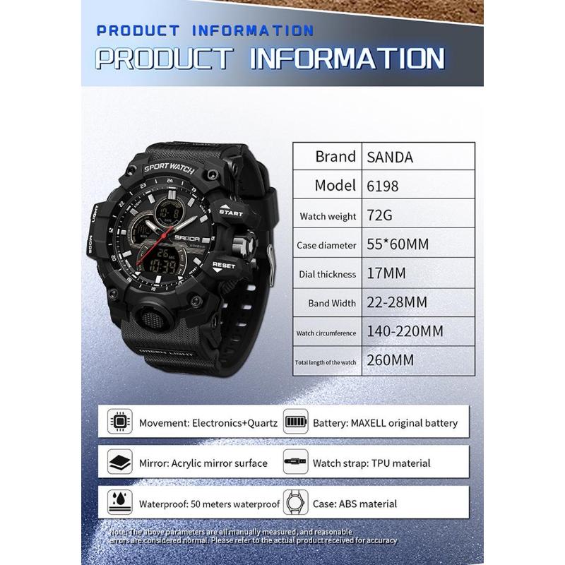 SANDA Multifunctional Military Watch for Men Dual Display Digital Waterproof Luminous Mens Wristwatches Quartz Clock Sport Watches