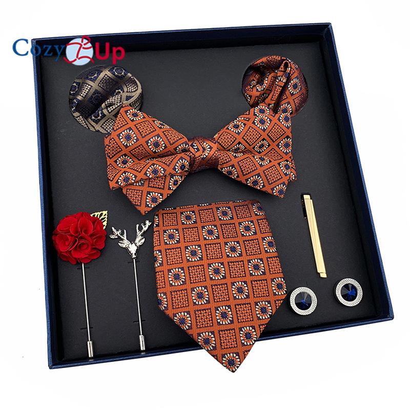 7 PCS Classic Men's  Tie Set Paisley Stripe Necktie for Men Pocket Square Bowtie  Brooch Cuff Father's Day Gift Box