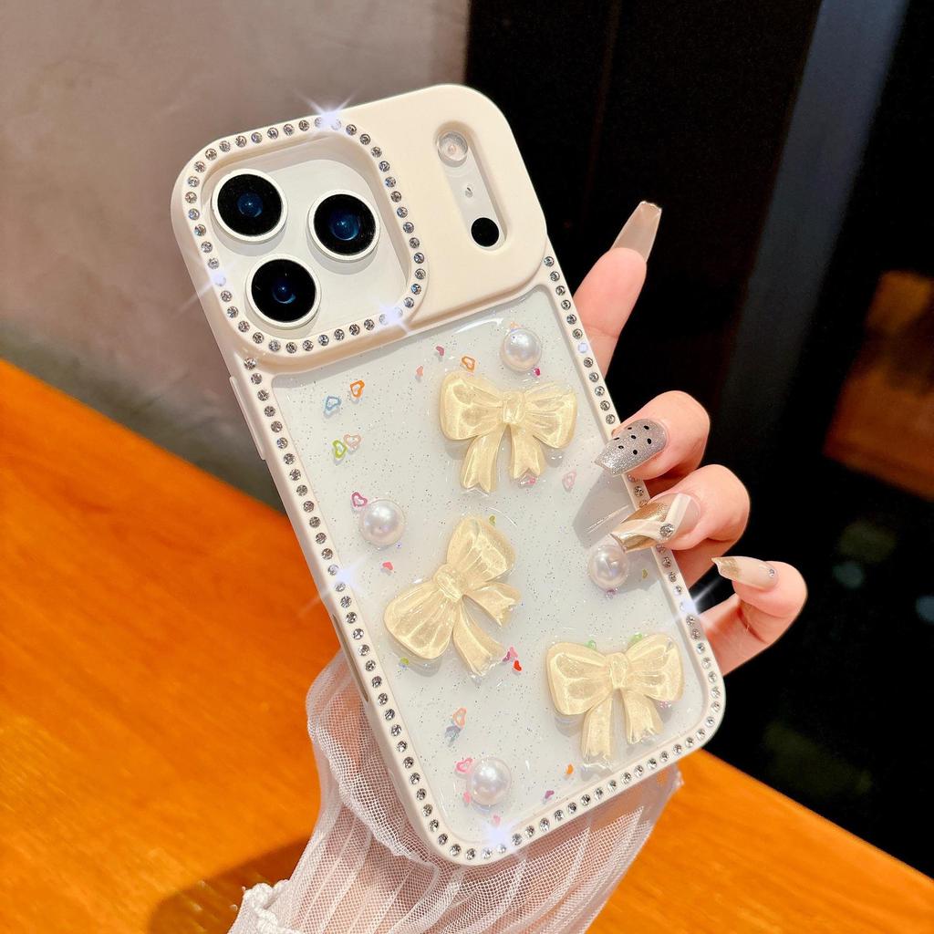 Capa de Celular Epoxy com Glitter da Apple com Laço para Modelos de iPhone 15, 16 Pro Max e 17 Air