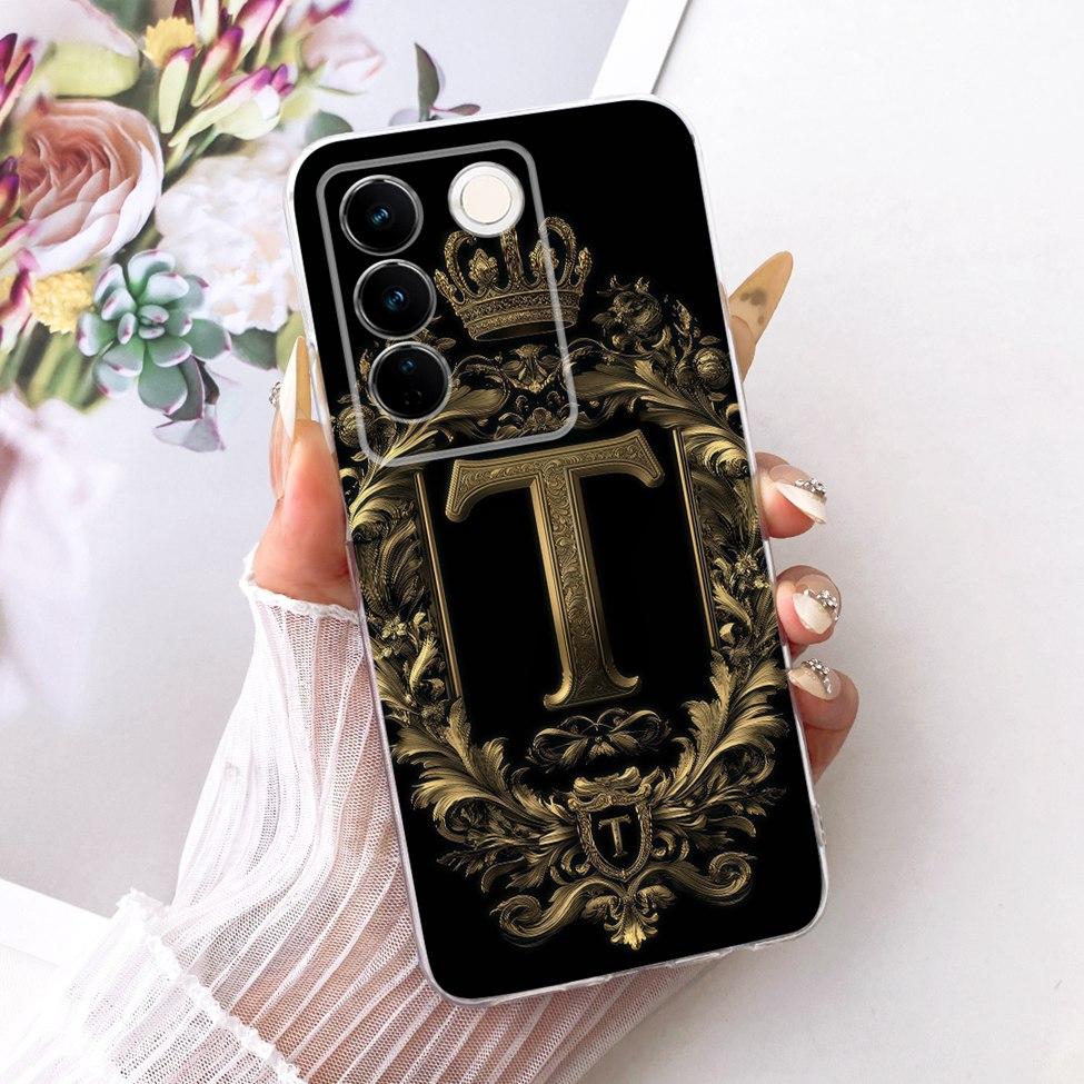 Transparent For Vivo S16 V2244A Case For Vivo S16 Pro V2245A Cover Luxury Crown A-Z Letters 2D Flat Pattern Soft Phone Casing