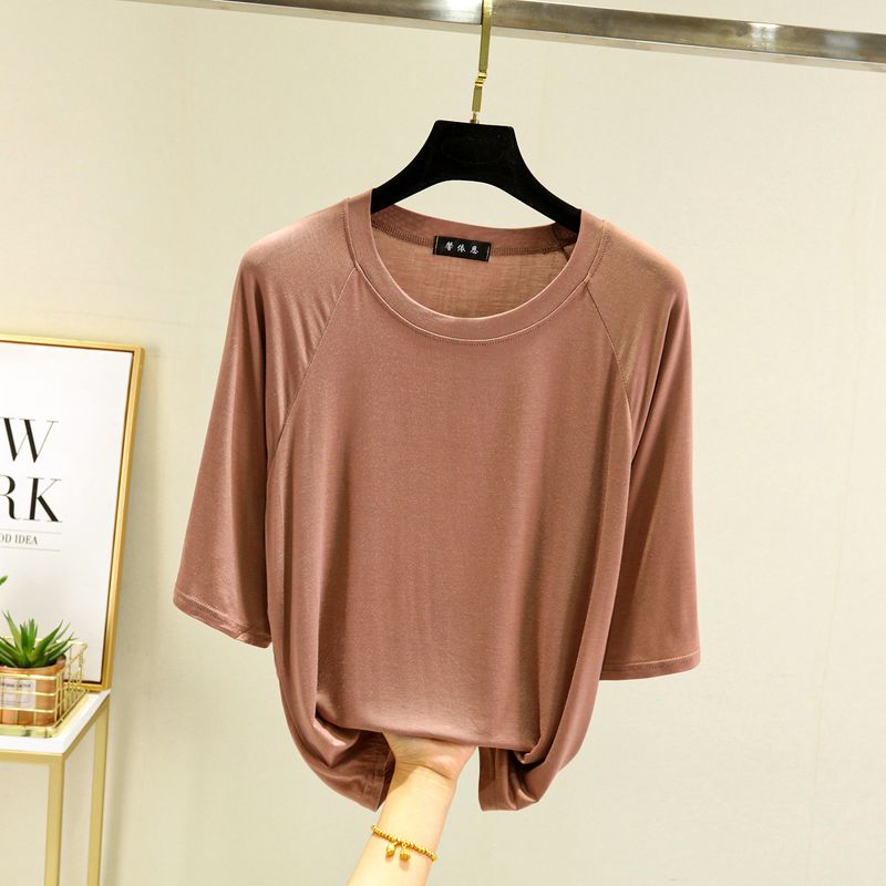 

Модальная майка с пуговицами для женщин, весенне-летне-осенняя, тонкая, свободная футболка большого размера, легко сочетается, стройнит, с круглым вырезом и рукавом до локтя Khaki XL (65.00 kg-75.00 kg recommended