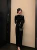 Elegant French Hepburn-Style Black Gold Velvet Dress for Women