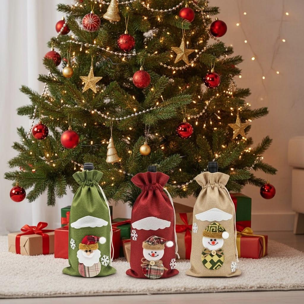 Christmas Bag for a Bottle Gift Santa Claus Snowman Linen Bag FOR CHRISTMAS