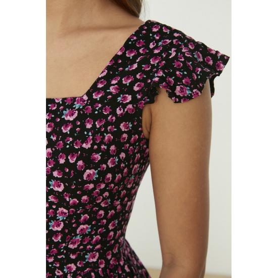 Rochie midi cu modele florale cu mâneci mini cu guler pătrat