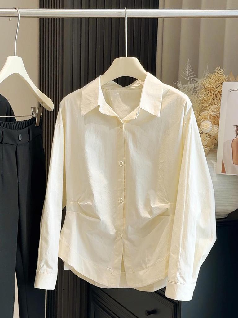 Women's Spring 2026 Stylish Pleated Waist-Cinched Straight Shoulder Shirt Top