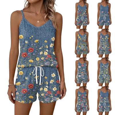 Women's Summer Casual Two Piece Set Floral Print Sleeveless Tank Top with Square Neck and Drawstring Waist Shorts with Pockets