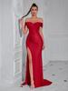 European and American Asymmetrical Neckline Slimming Dress with Slit - Elegant Ribbon Long Party Evening Wear