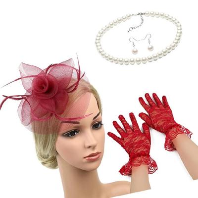 Fascinators Hat for Women Teas Party Hat Set Mesh Veil 20s 50s Headwear Lace Gloves Imitation Pearls Necklace Earrings