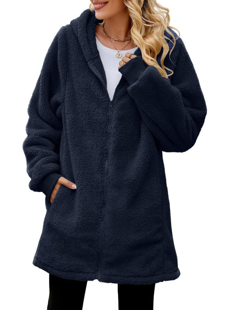 Winter loose plush women's long sleeved hooded zipper cardigan jacket