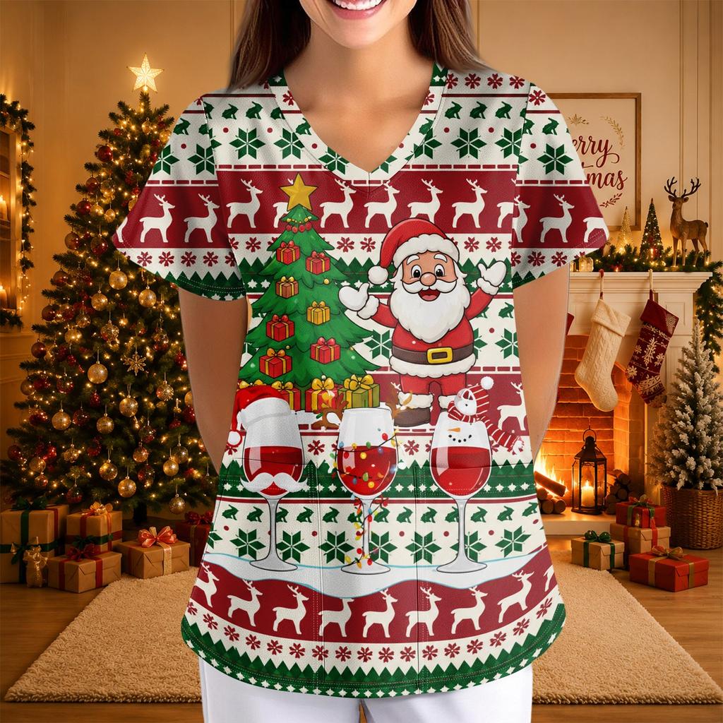 Damen Casual 3/4 Ärmel Hals Christmas Print Oberteil für Weihnachtsfeiern