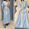 Elegant Slimming Spliced Single-breasted Knit Dresses for Women Lapel Short Sleeves Patchwork Sweater Dress Female