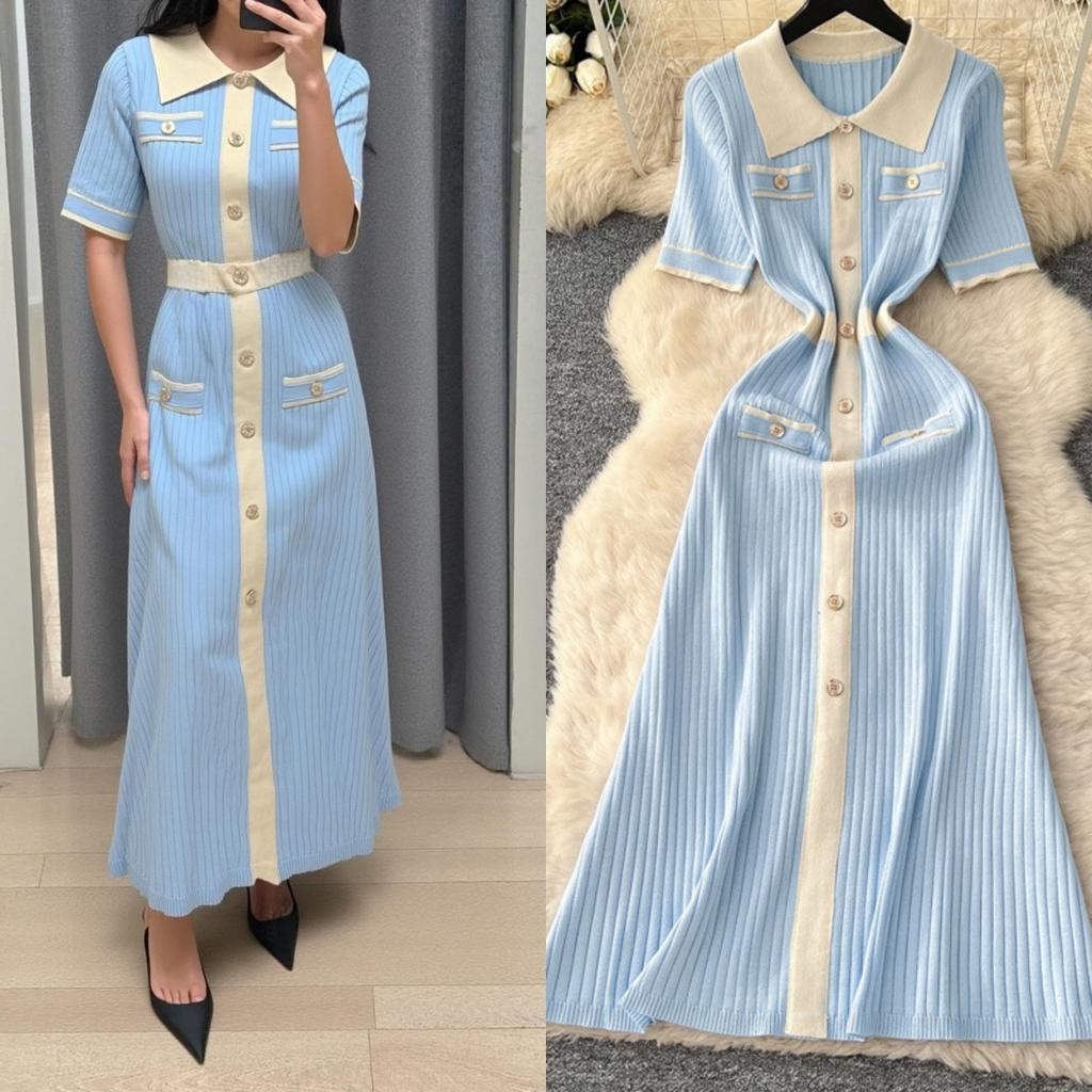 Elegant Slimming Spliced Single-breasted Knit Dresses for Women Lapel Short Sleeves Patchwork Sweater Dress Female