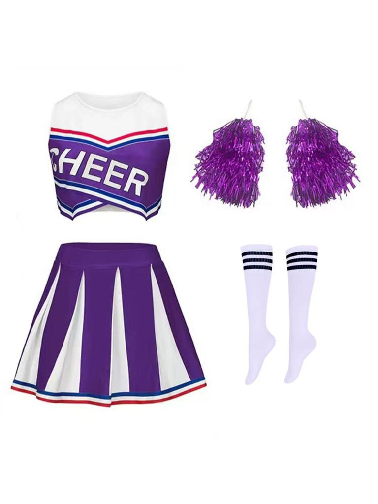 Women Girl Cheerleading Costume Sleeveless Dress Hand Flower With Stockings Dance Costume Set Schoolgirl Cheerleading Dance Suit