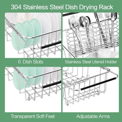 Adjustable, Expandable In-sink Dish Drying Rack, 304 Stainless Steel Metal Dish Drying Rack Organizer with Stainless Steel Dish Holders Inside the Sin