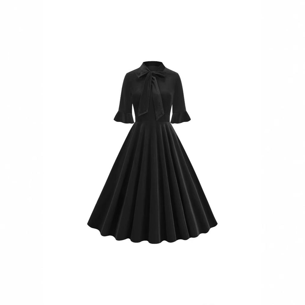 European and American clothes, dresses, short sleeves, new bows, retro elegant medium and long skirts