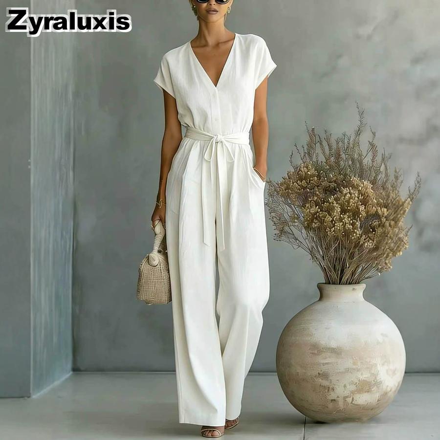 New Women's Summer Office V-Neck Waist Belt Bodysuit