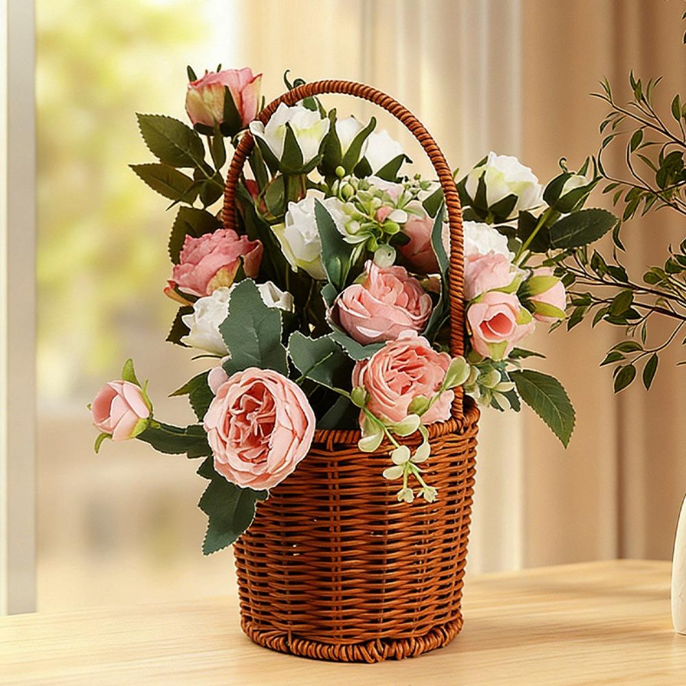 with Handle Imitation Rattan Storage Baskets Household Handwoven Handhold Weaving Basket 6 Styles Home Decoration Braid Basket