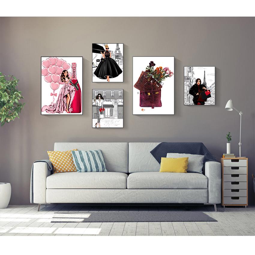 Posters And Prints Wall Pictures For Living Room Fashion Girl Bag Balloon Champagne Salon Wall Art Print Canvas Painting Nordic
