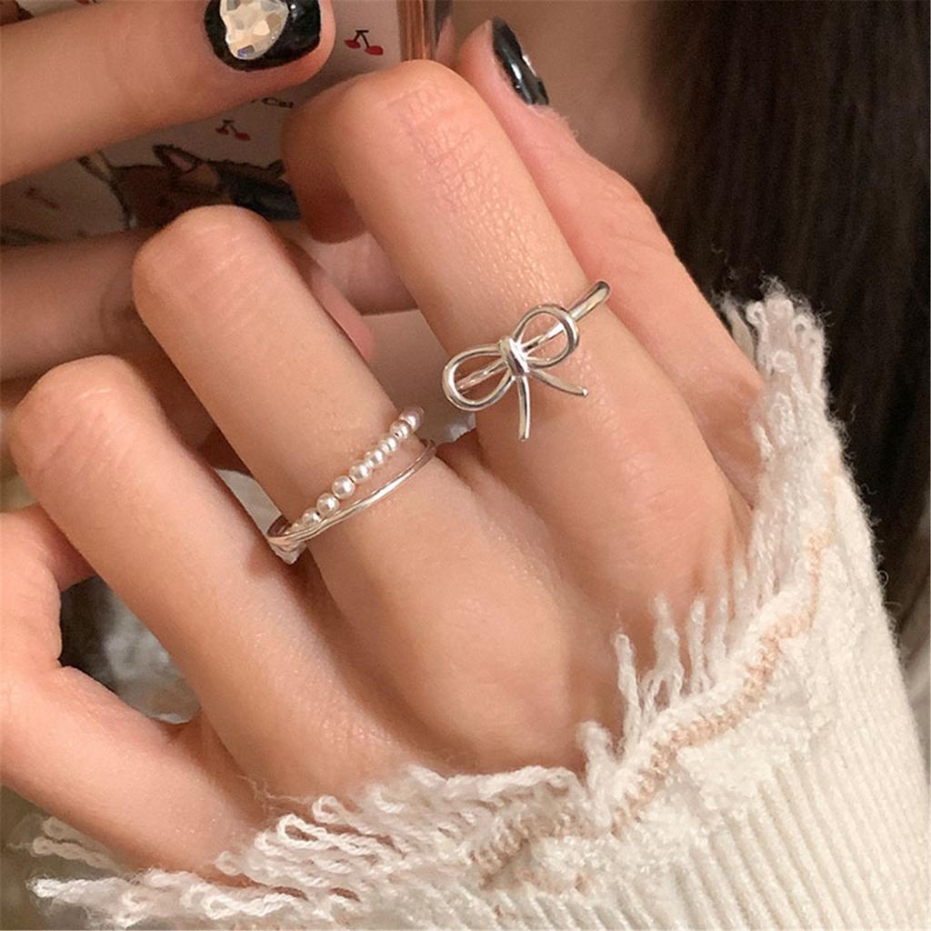 Fashionable Bowknot Opening Rings Finger Rings Beaded Finger Rings Alloy Material Stylish Finger Accessory for Women