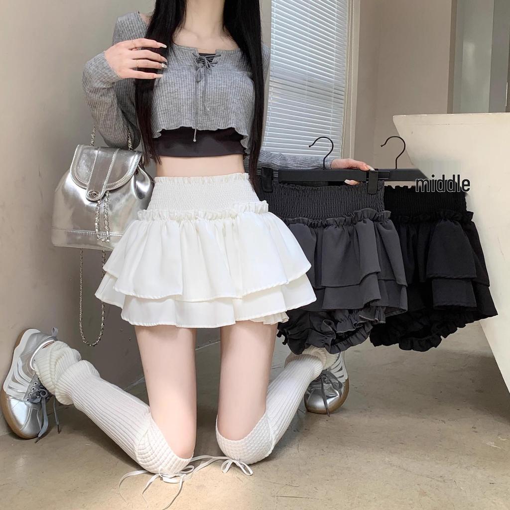 Women's Ballet-Style Puffy Midi Skirt: Elastic Waist, A-Line Flower Bud Design, Pleated Short Skirt Pants