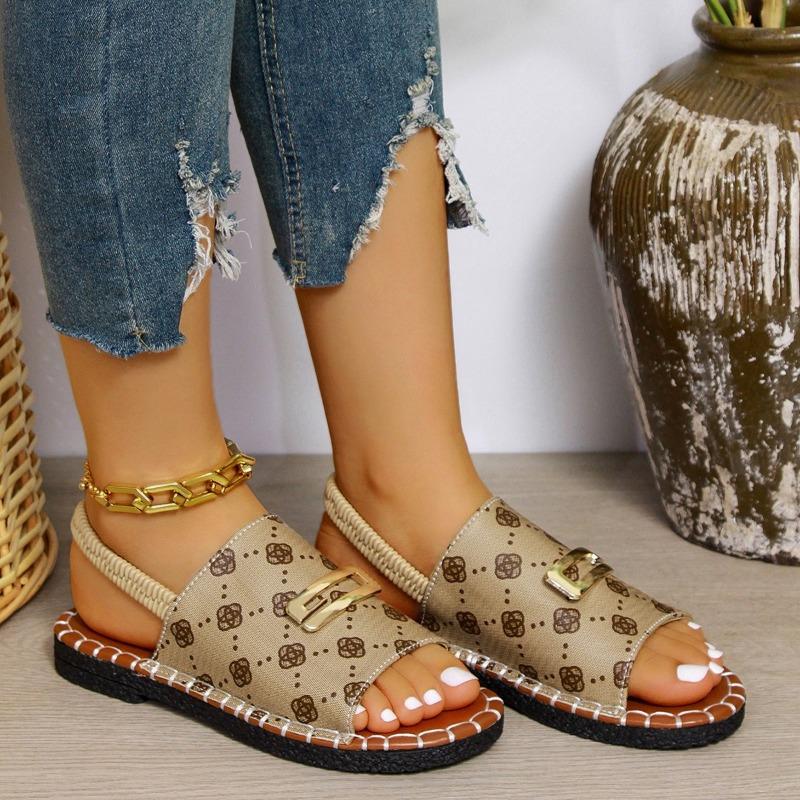 Large-sized Buttoned Fabric One-line Sandals Women's Summer Elastic Flat Shoes, Embroidered Beach Flip-flops