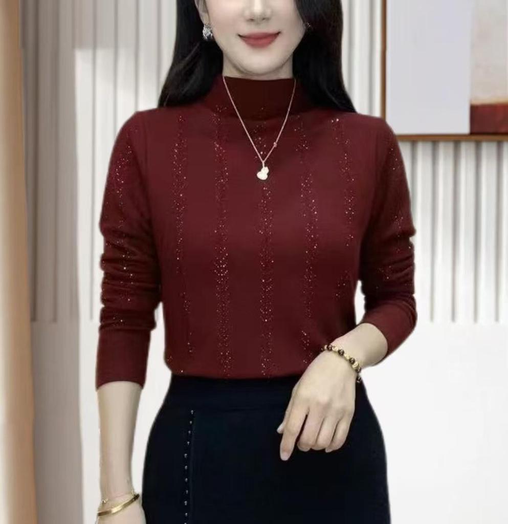 Women's High Neck Long Sleeve Heavy Duty Rhinestone T-shirt (92% Polyester, 8% Spandex)