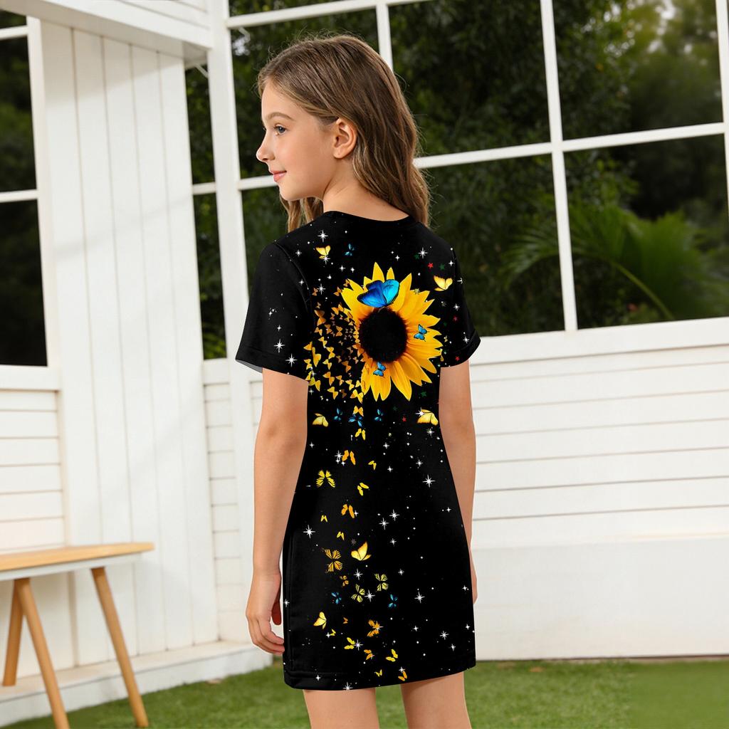 Girls Print Casual Dress Kids Loose Round Neck Short Sleeve Thin Sundress