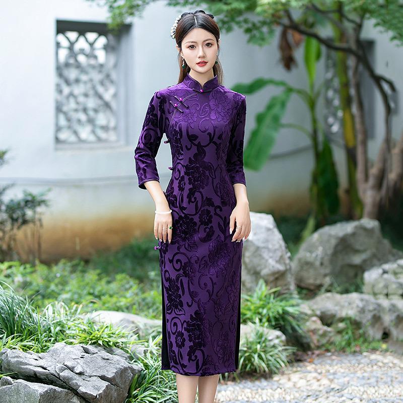 Purple Mother Dress National Style New Chinese Long-sleeved Cheongsam Improved Young Women's High-end Sense Retro Spring and Autumn