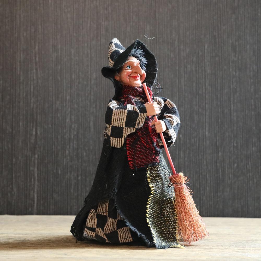 Halloween Plaid Apron Witch with Broom Ornament, Cute Ornament, Room Atmosphere Prank Decoration, 3 Pcs